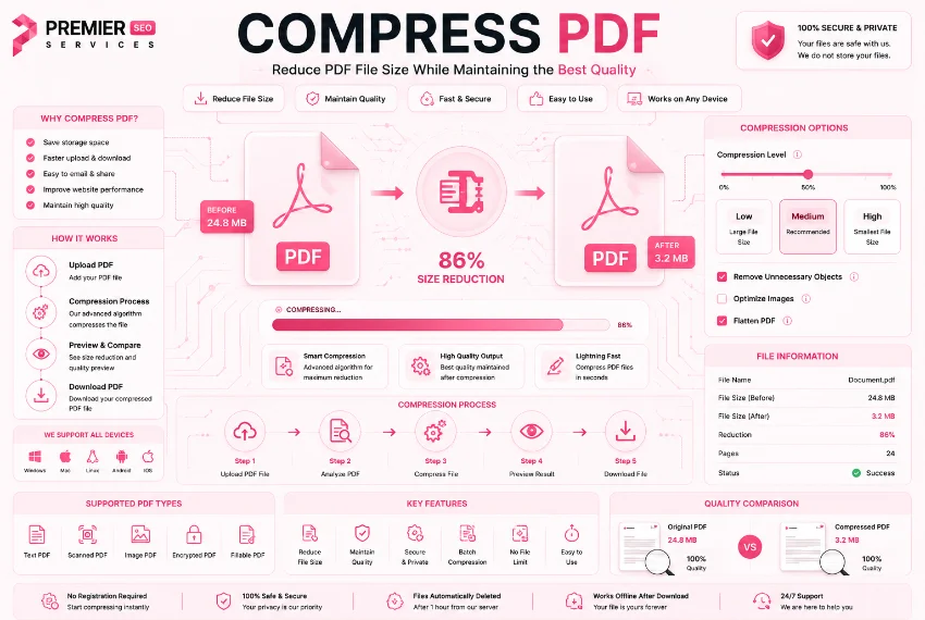 Compress PDF tool showing file size reduction