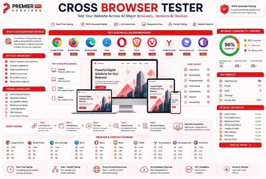 Cross Browser Tester showing website preview across multiple browsers