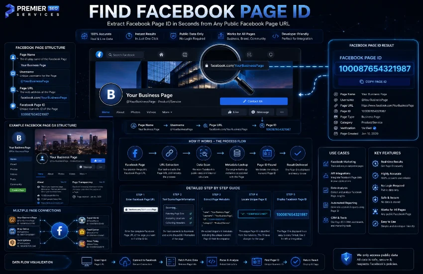Facebook Page ID finder tool interface showing input field and lookup results