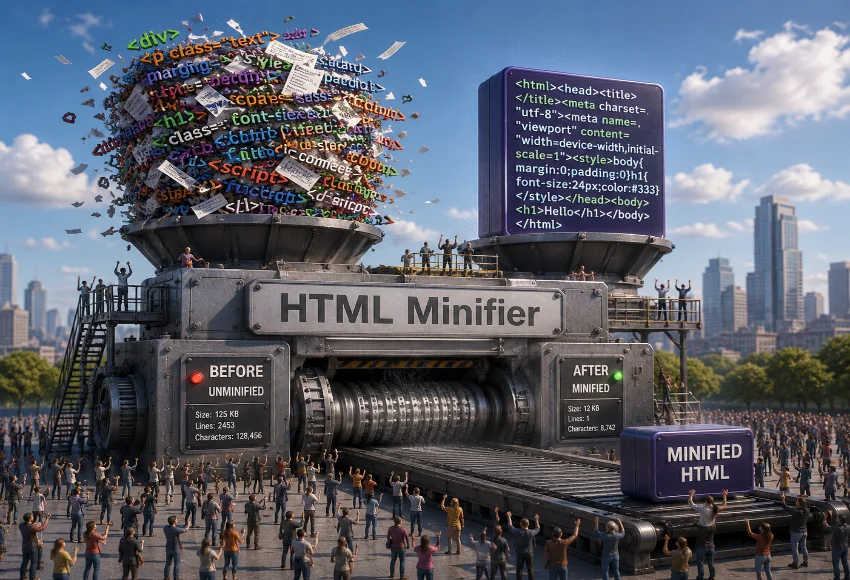 HTML Minifier tool interface showing minification options and code optimization settings