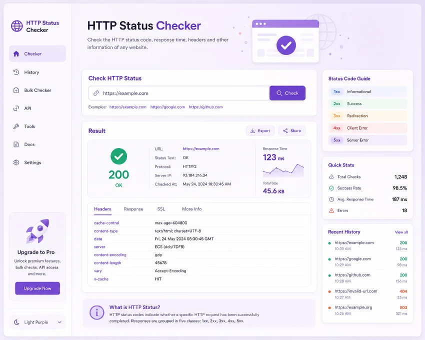 HTTP Status Checker tool showing URL status code analysis results