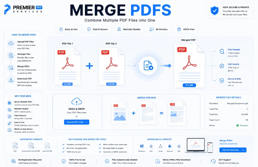 Merge PDFs online tool interface