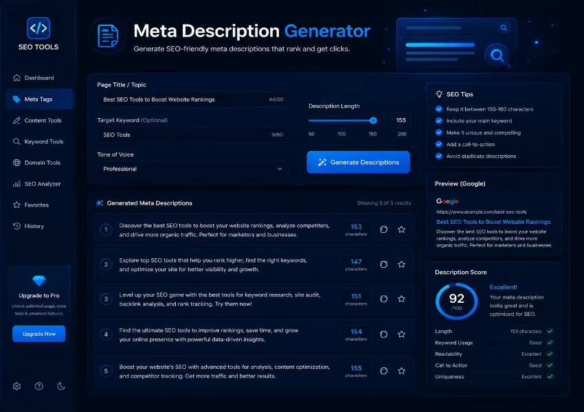 Meta Description Generator tool interface showing SEO description preview