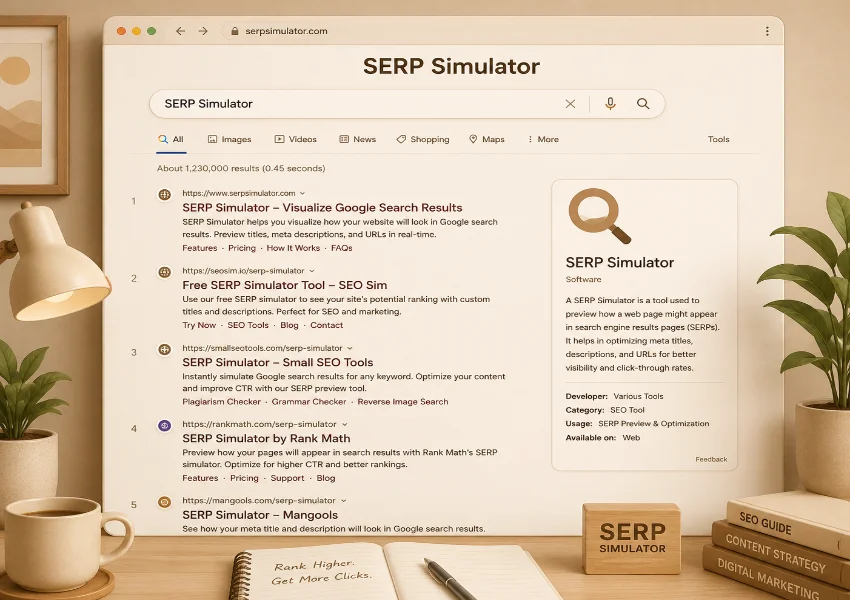 SERP Simulator tool interface showing Google search result preview with title, URL, and description fields