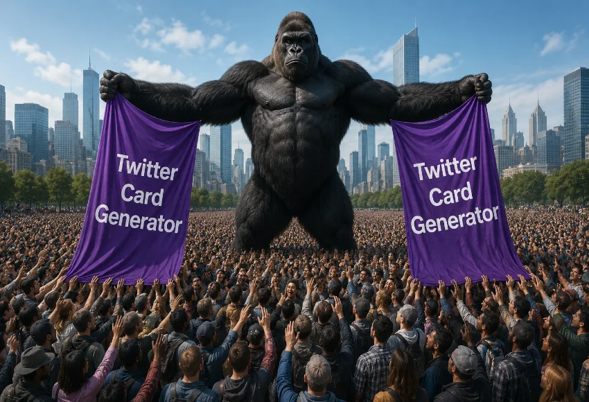 Twitter Card Generator tool interface showing card type options, title and description fields, and live preview